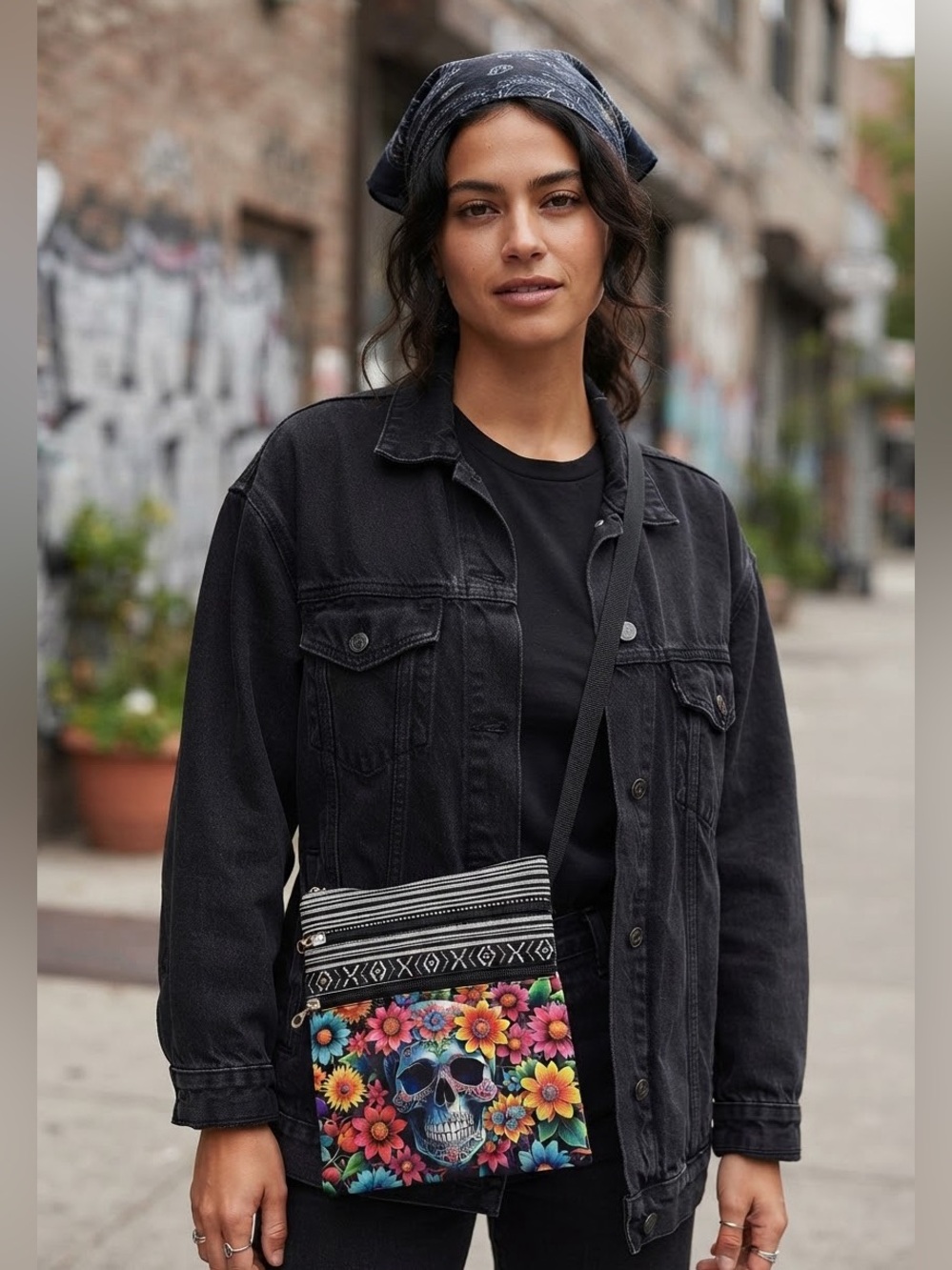 Colorful Sugar Skull & Floral Crossbody Bag Multi-Pocket Purse